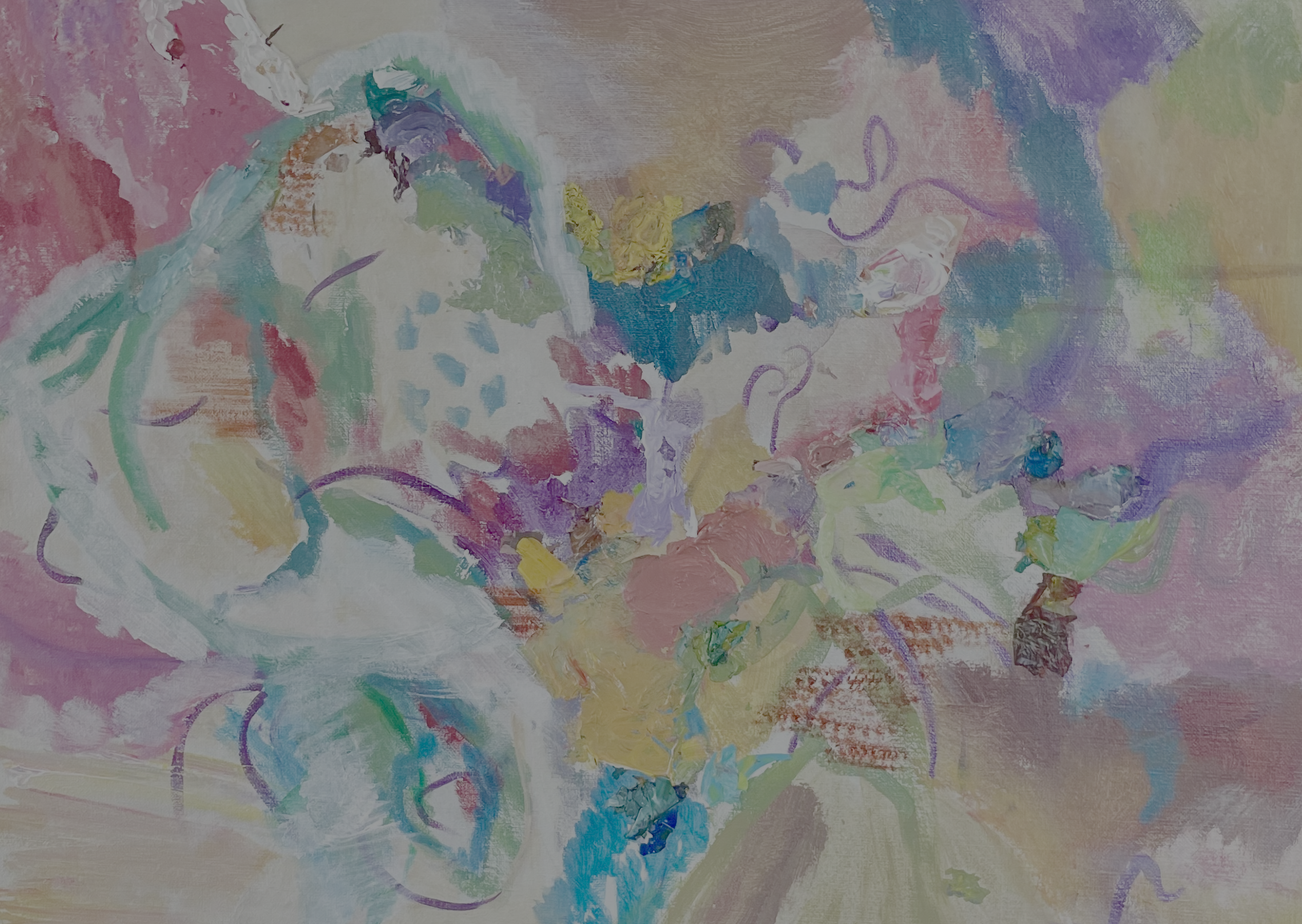 An abstract acrylic painting in warm pinks, blues, and purples