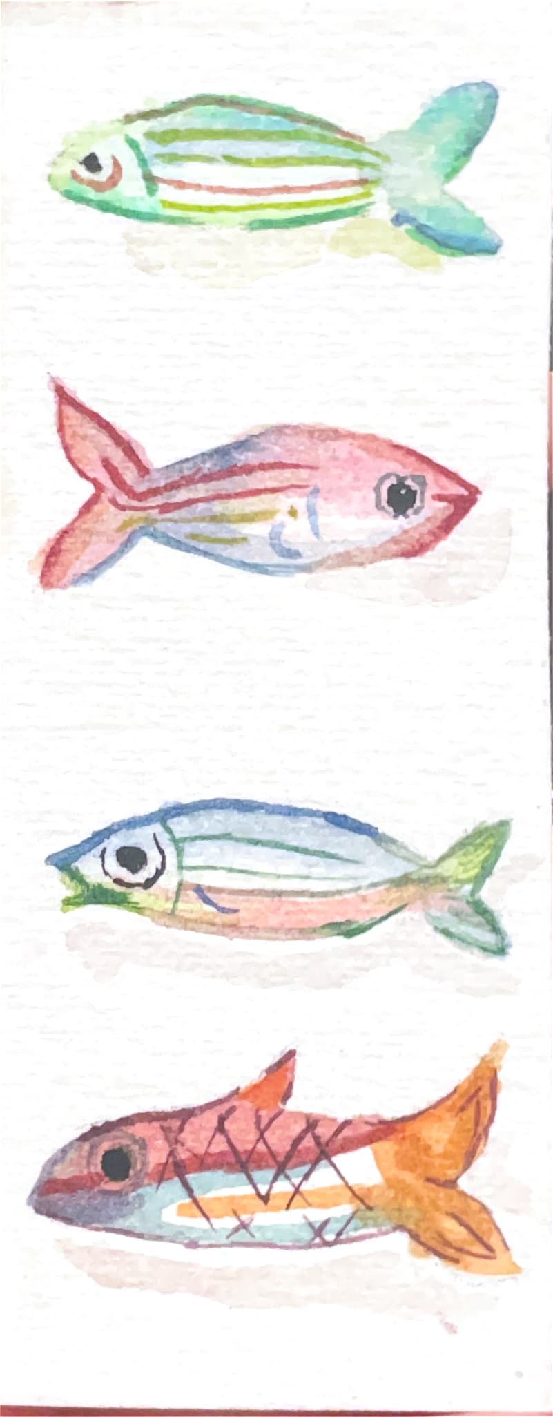 Watercolor painting of four colorful fish